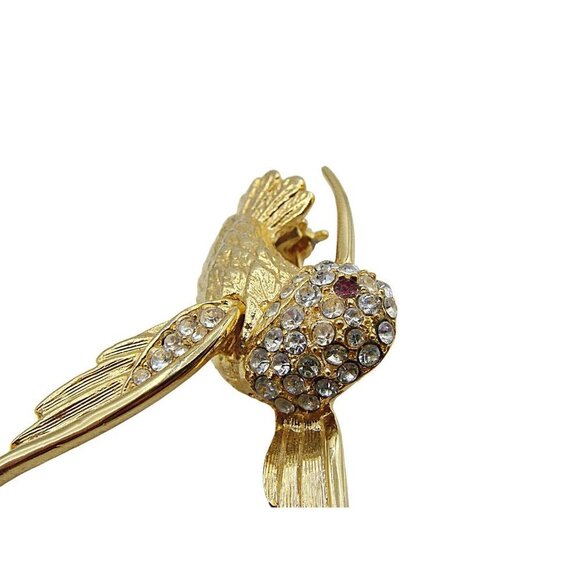 Vintage Hummingbird Brooch Pin Rhinestones Clear Red Crystal Gold Tone 1.75x1.5" - Picture 8 of 12